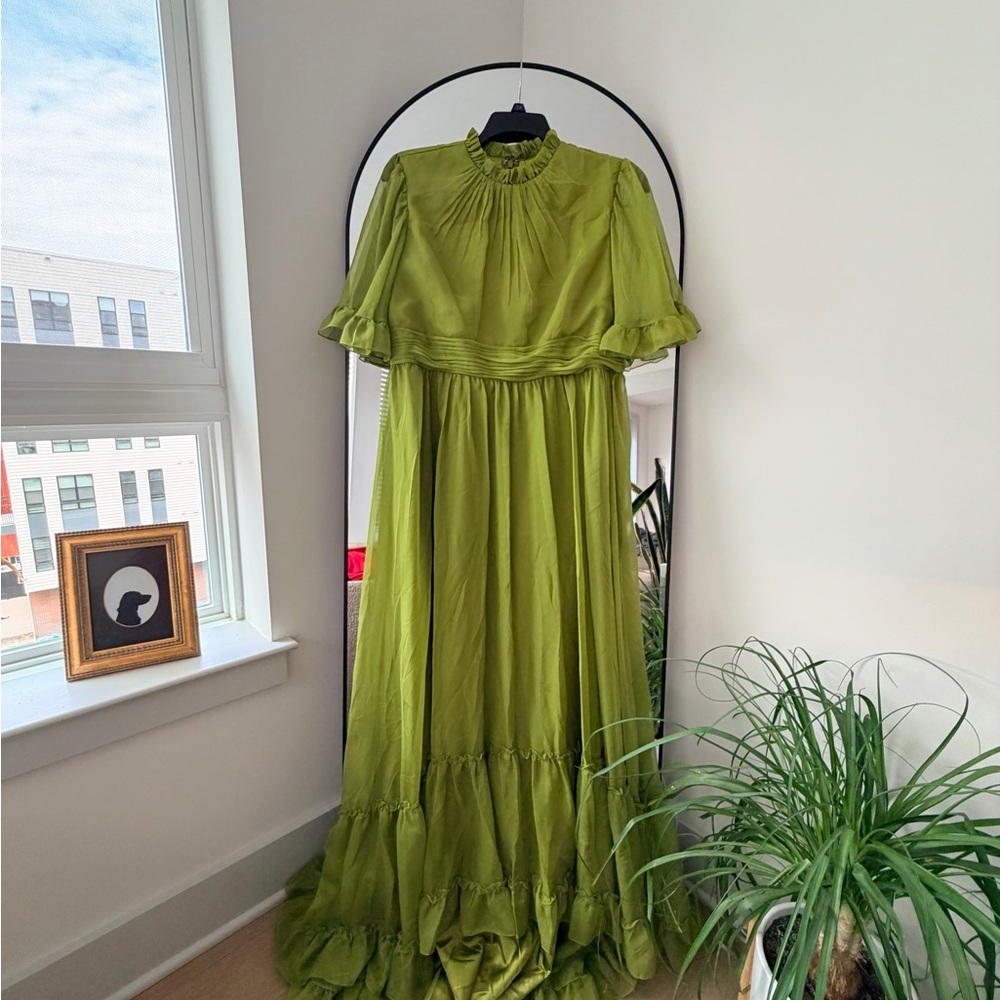 Mac Duggal Green Ruffle Tiered High Low Flutter Sleeve Gown NWT